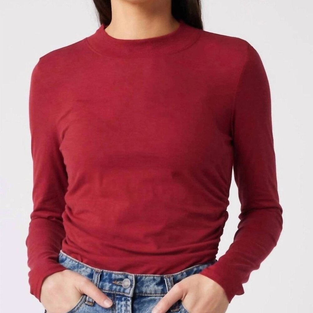 Nation LTD XXL Red Pima Cotton Side‎ Ruched Mock Neck Long Sleeve Top 1455NPS